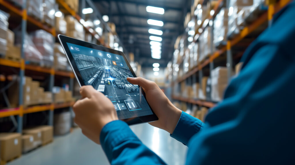 Smart Warehouse,Inventory management system concept.Manager using digital tablet,showing warehouse software management dashboard